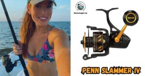 Penn Slammer IV featured image with a photo of a lady angler holding her rod rigged with a Penn Slammer IV spinning reel next to an enlarged image of the Penn Slammer IV spinning reel.