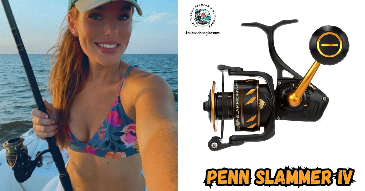 Penn Slammer IV featured image with a photo of a lady angler holding her rod rigged with a Penn Slammer IV spinning reel next to an enlarged image of the Penn Slammer IV spinning reel.
