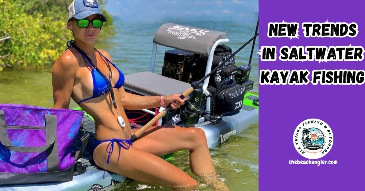 Emerging Trends in Saltwater Kayak Fishing featured image showing a lady angler sitting on her kayak with her legs in the water while holding her rod and reel.