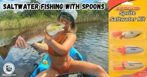 Saltwater Fishing with Spoons featured image showing a lady angler holding a nice redfish while sitting in her kayak next to an enlarged image of the Johnson Sprite Spoons Saltwater Kit.