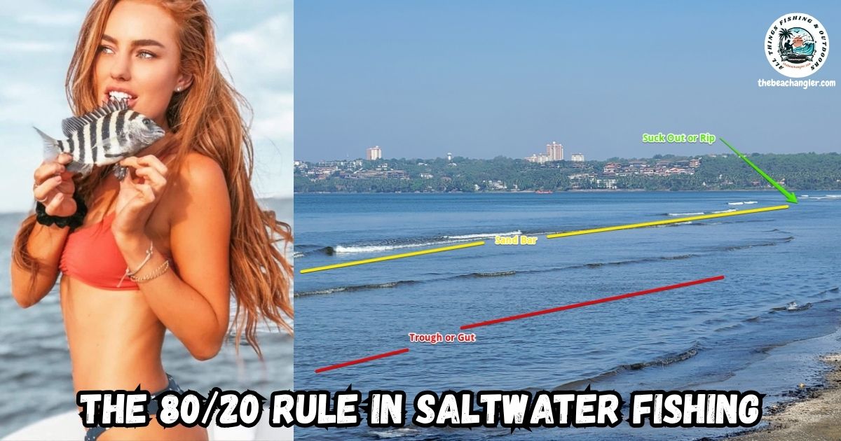 How Does the 80/20 Rule Apply to Saltwater Fishing featured image showing a lady angler holding a small sheepshead next to an image of the surf along a beach with markings for likely fishing spots.