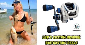 Lew's Custom Inshore Baitcasting Reel featured image showing a lady angler kneeling in the water and holding a mangrove snapper, and a close-up image of the Lew's Custom Inshore Baitcasting reel.