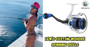 The featured image of Lew's Custom Inshore Spinning Reel Review shows a lady angler standing in a boat and fishing with her Lew's spinning reel, as well as a close-up image of the Lew's Custom Inshore spinning reel.