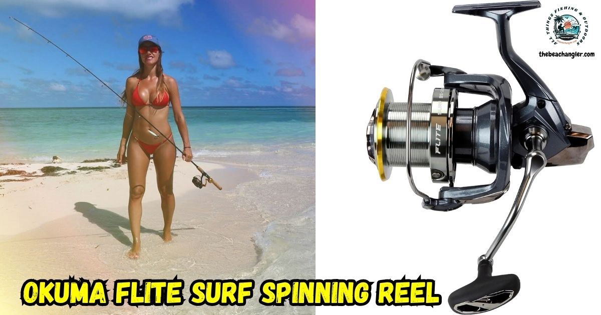 Okuma Flite Surf Spinning Reel featured image showing an enlarged image of the Okuma Flite next to an image of a lady angler walking on the beach carrying her spinning rod and reel combo.