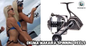 Okuma Makaira Spinning Reels featured image showing an enlarged photo of the Okuma Makaira next to an image of two lady anglers in a boat fighting a fish.