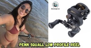 Penn Squall Low Profile Baitcasting Reel featured image showing an enlarged image of the Penn Squall reel next to an image of a lady angler taking a selfie with her baitcasting rod and reel setup.