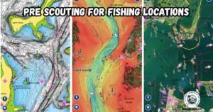Technology for Pre-Scouting Fishing Locations featured image showing three screenshots of online mapping apps for fishing.
