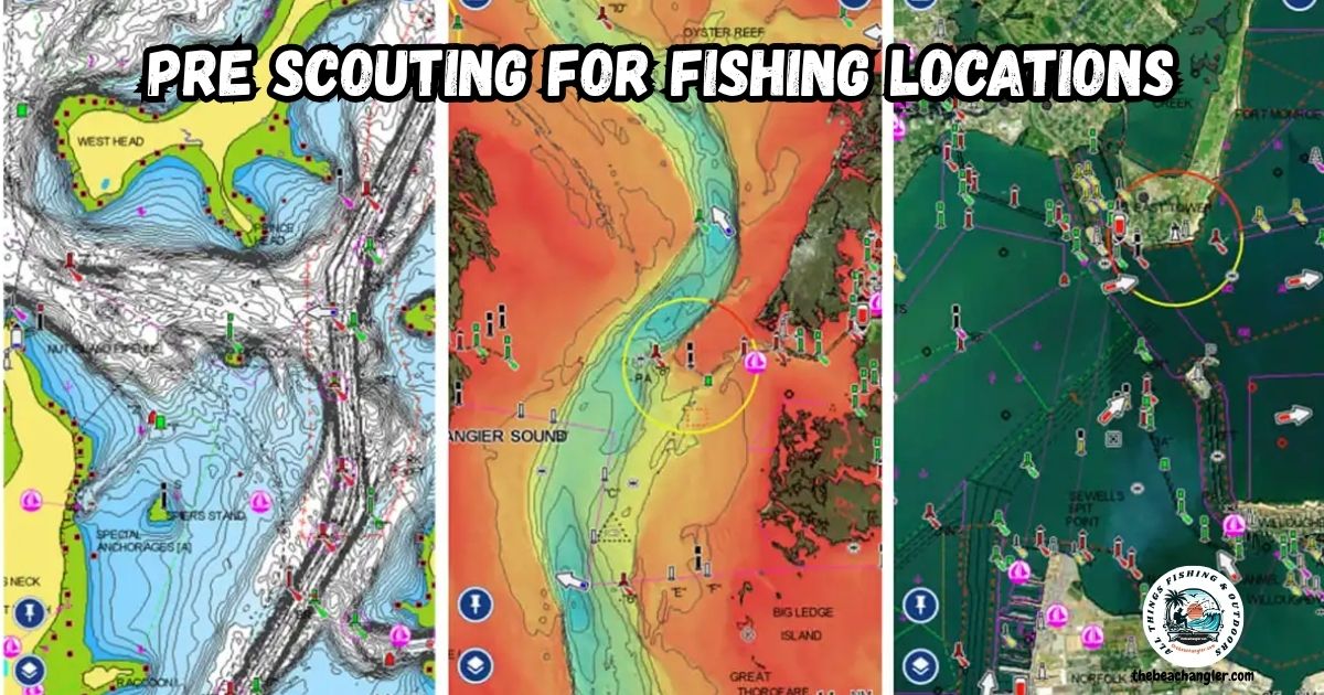Technology for Pre-Scouting Fishing Locations featured image showing three screenshots of online mapping apps for fishing.