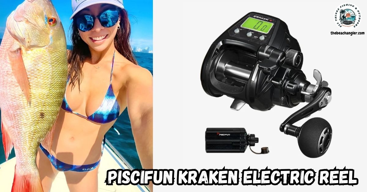 Piscifun Kraken Electric Reel featured image showing a lady angler holding up a large snapper next to an image of the Piscifun Kraken electric fishing reel.