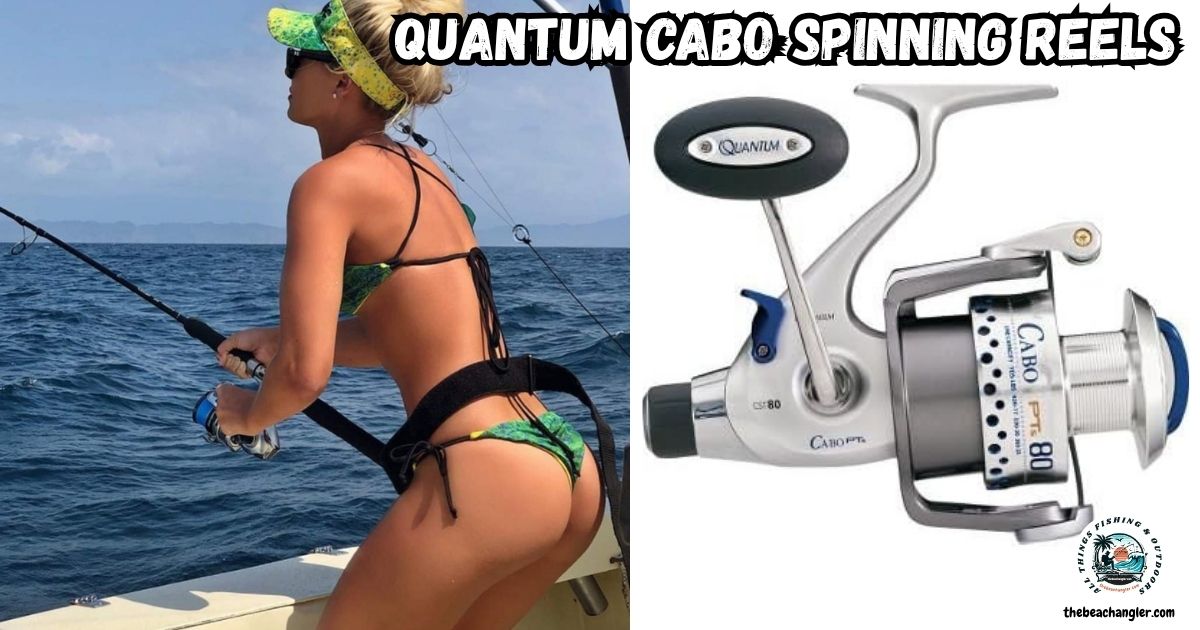 Quantum Cabo Spinning Reel featured image showing a lady angler in a boat fighting a fish next to an image of the Quantum Cabo Spinning Reel.