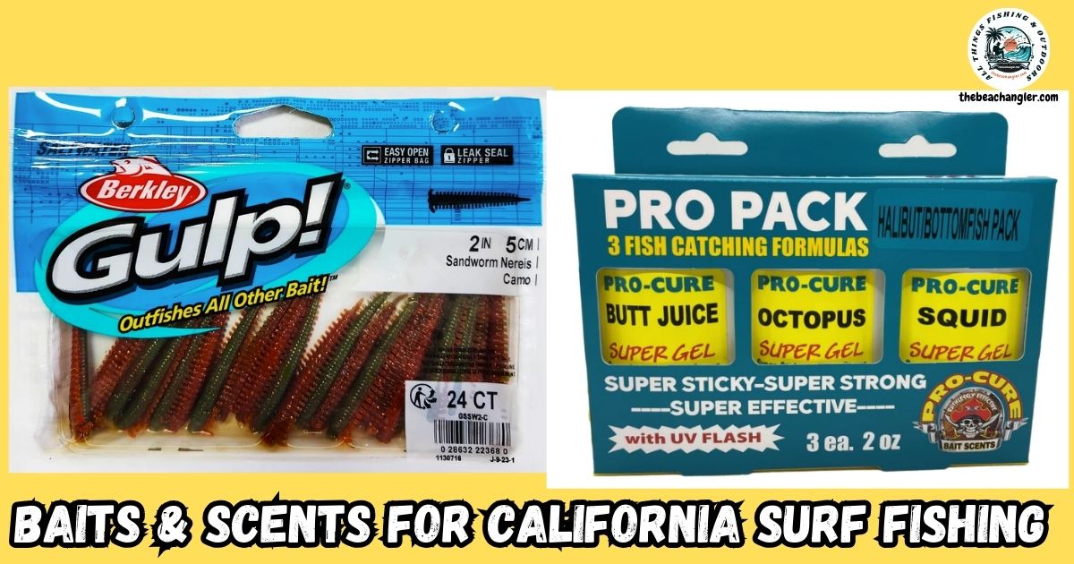 Scents and Artificial Baits for California Surf Fishing featured image with photo of Berkley Gulp sandworms next to a photo of Procure Bait Scents 3-pack.