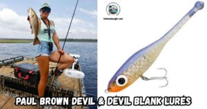 Paul Brown Devil Lures featured image showing a lady angler standing at the bow of a boat holding a nice red drum, and an enlarged image of the Paul Brown Devil Lure.