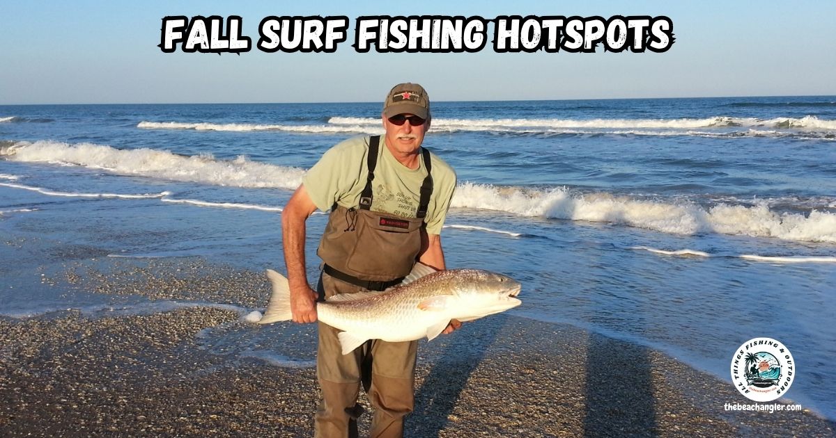 Fall Surf Fishing Hotspots featured image showing angler Ken Kuhn standing at the surf line holding an oversized red drum.