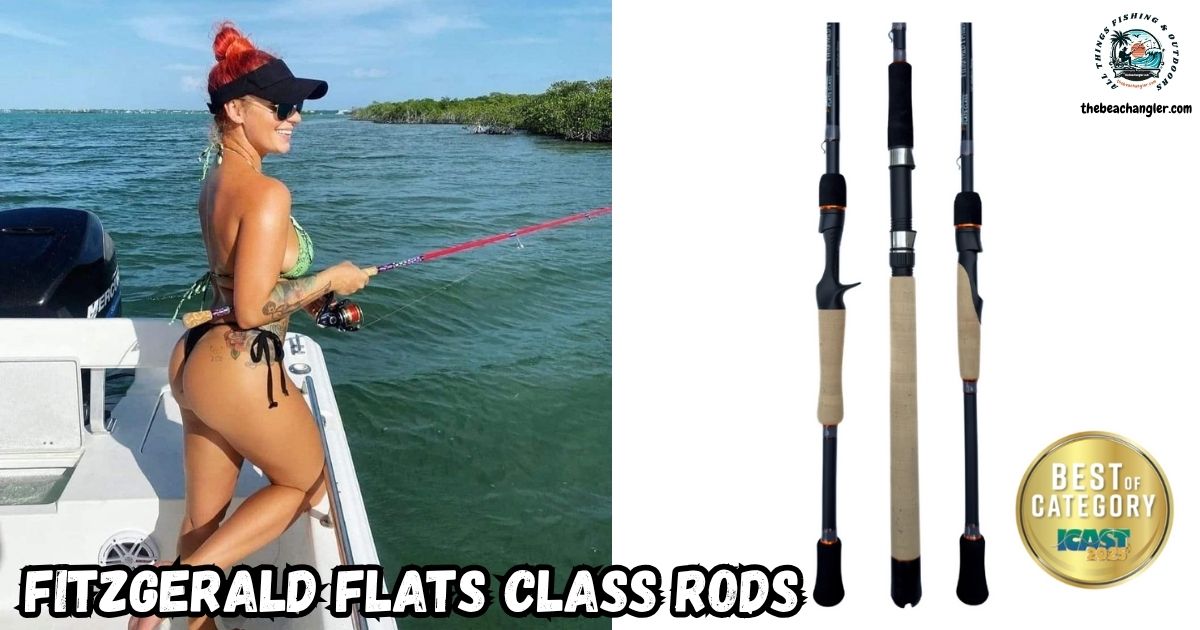 Fitzgerald Flats Class Inshore Rods featured image showing a lady angler fishing from a boat next to an image of the Fitzgerald Flats Class Inshore rod.