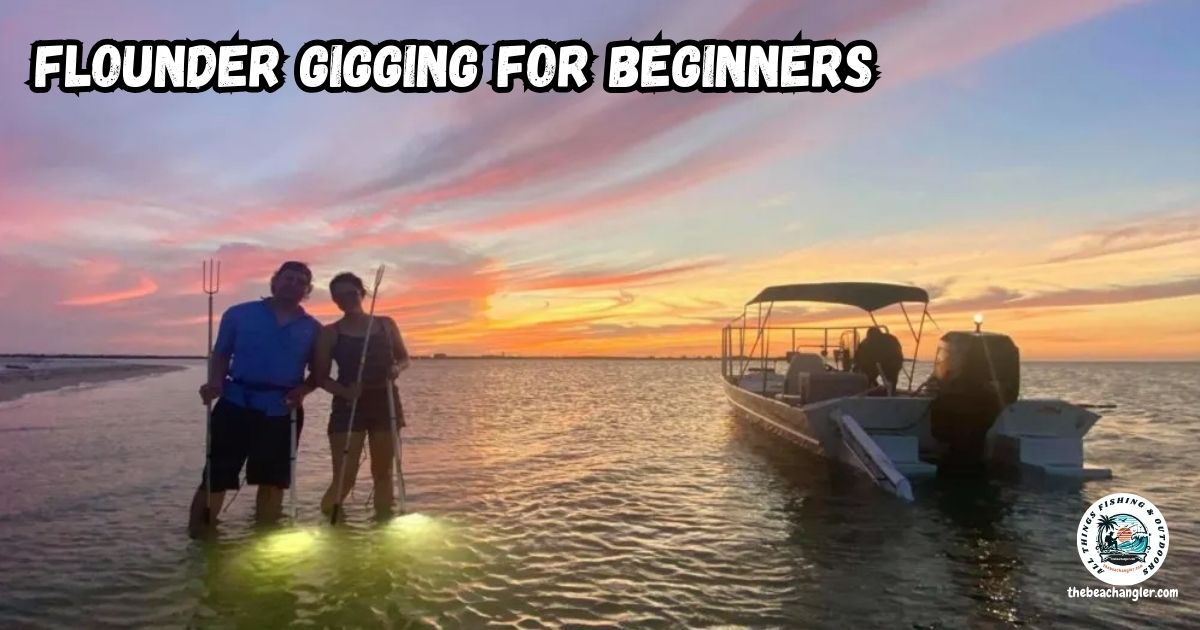Flounder Gigging for Beginners featured image showing a couple wading next to their boat at sunset with their underwater lights and flounder gigs.