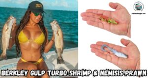Berkley Gulp Turbo Shrimp and Nemisis Prawn featured image showing lady angler sitting in a boat holding two keeper speckled trout next to images of the turbo shrimp and nemesis prawn in the palm of a hand.