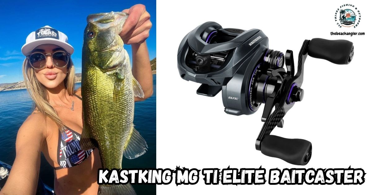 KastKIng Mg Ti Magnesium Baitcasting Reel featured image showing a lady angler holding up a nice largemouth bass next to an image of the KastKing Elite Mg Ti Magnesium Baitcaster.
