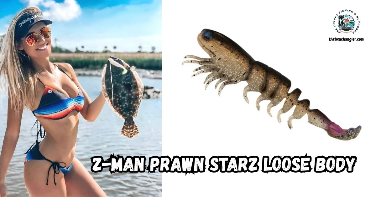 Z-MAN Prawnstarz Loose Body featured image showing a lady angler holding a flounder next to an enlarged image of the Z-Man PrawnStarz Loose Body lure.