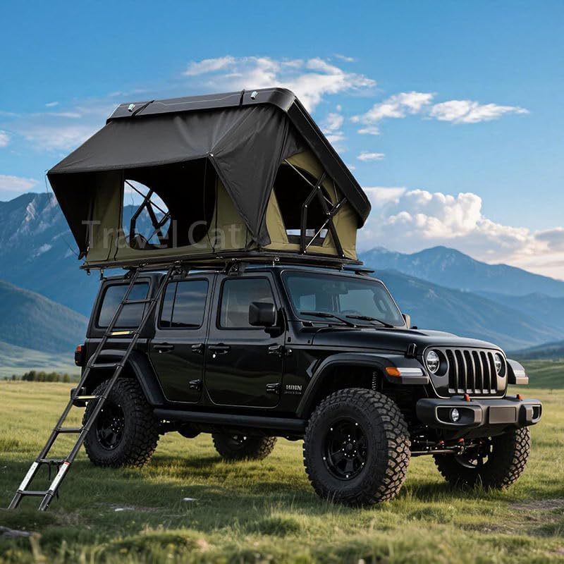 Travel Cat Rooftop Tent mounted on a Jeep Wrangler with the mountains in the background.