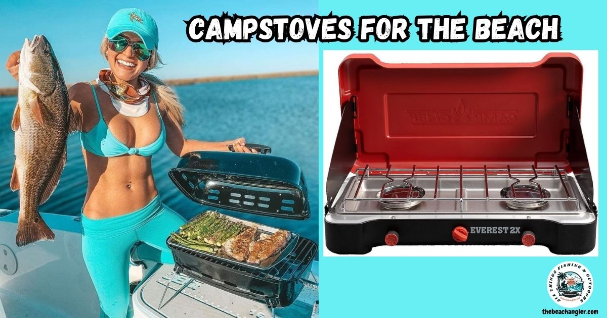 Camp Stoves for Beach Camping featured image showing a lady angler holding a nice redfish while standing next to a camp stove.