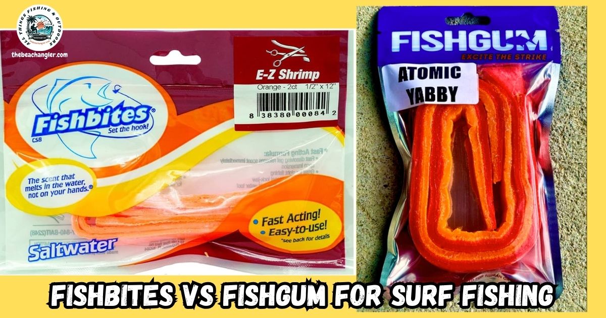 Fishbites vs Fishgum for surf fishing featured image showing a package of fishbites next to a package of fishgum.