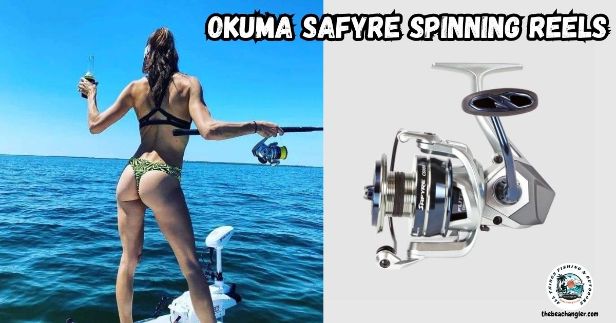 Okuma Safyre Spinning Reel featured Image showing a lady angler standing at the front of a boat fishing with her spinning rod and Okuma Safyre reel.