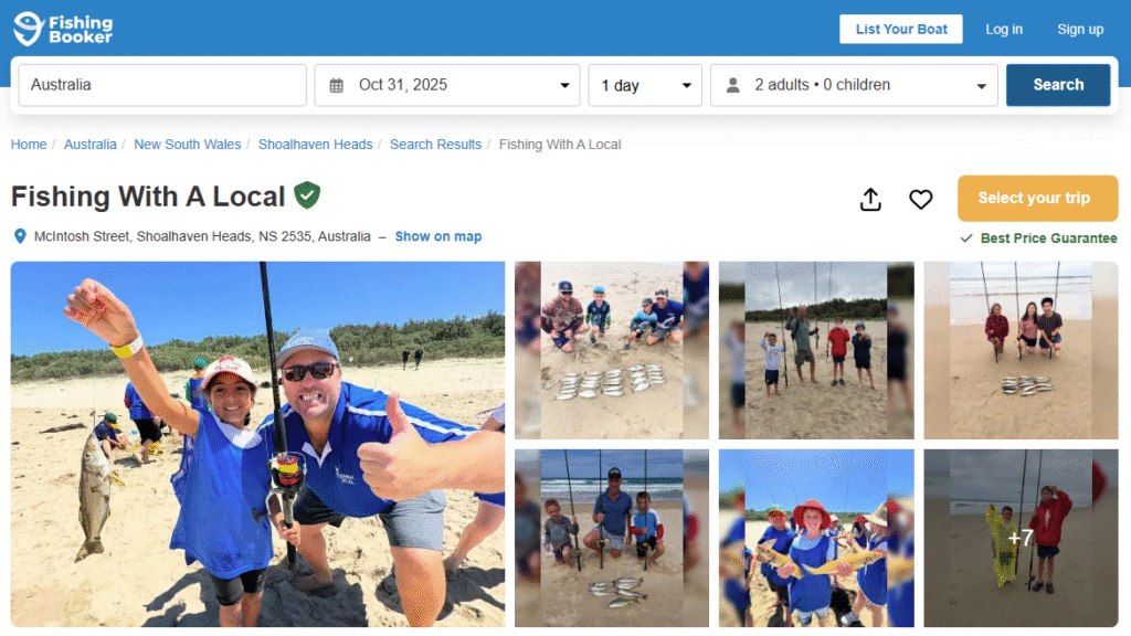 fishingbooker.com listing for an Australian surf fishing charter, "Fishing with a Local".