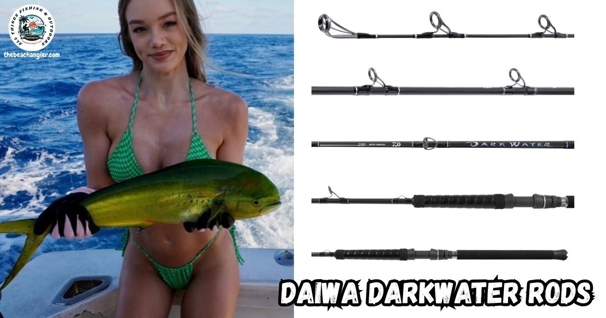Daiwa Darkwater Rods featured image with lady angler standing in a boat holding a dolphin.