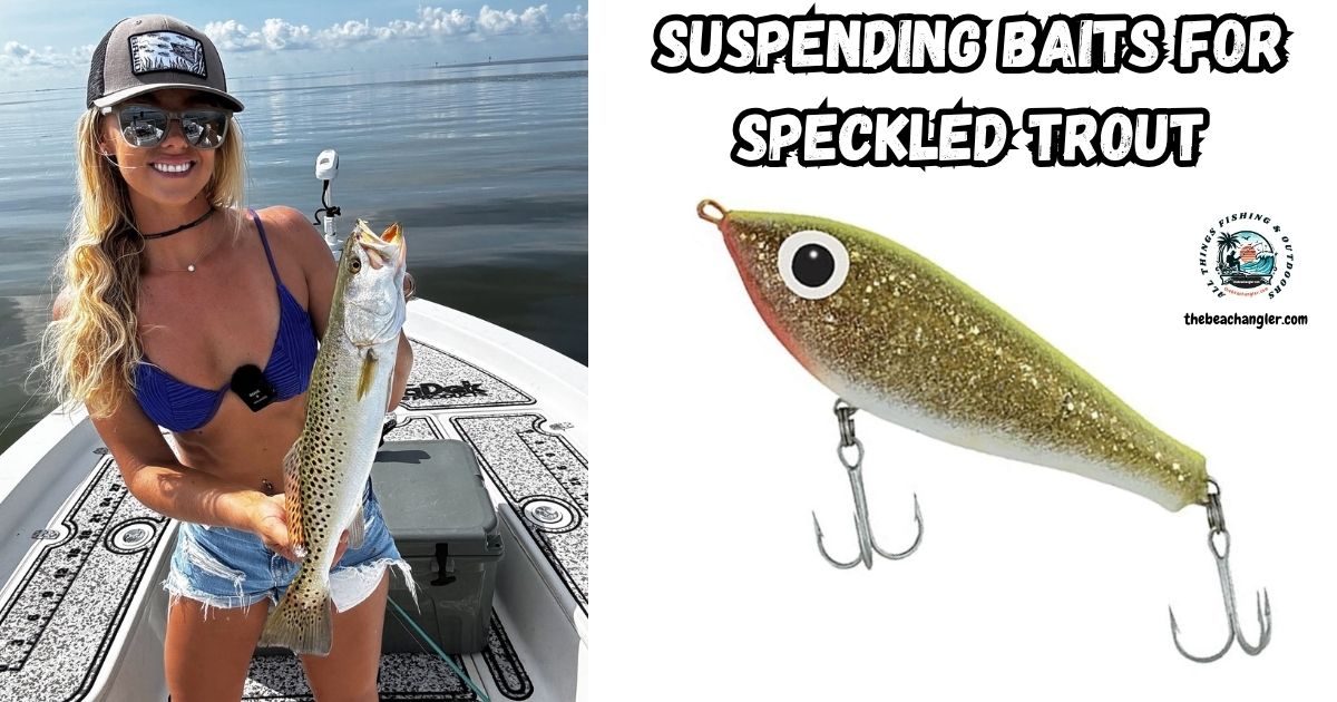 Suspending Baits for Trophy Speckled Trout featured image showing a lady angler holding up a large speckled trout next to an image of the Paul Brown Fat Boy Lure.