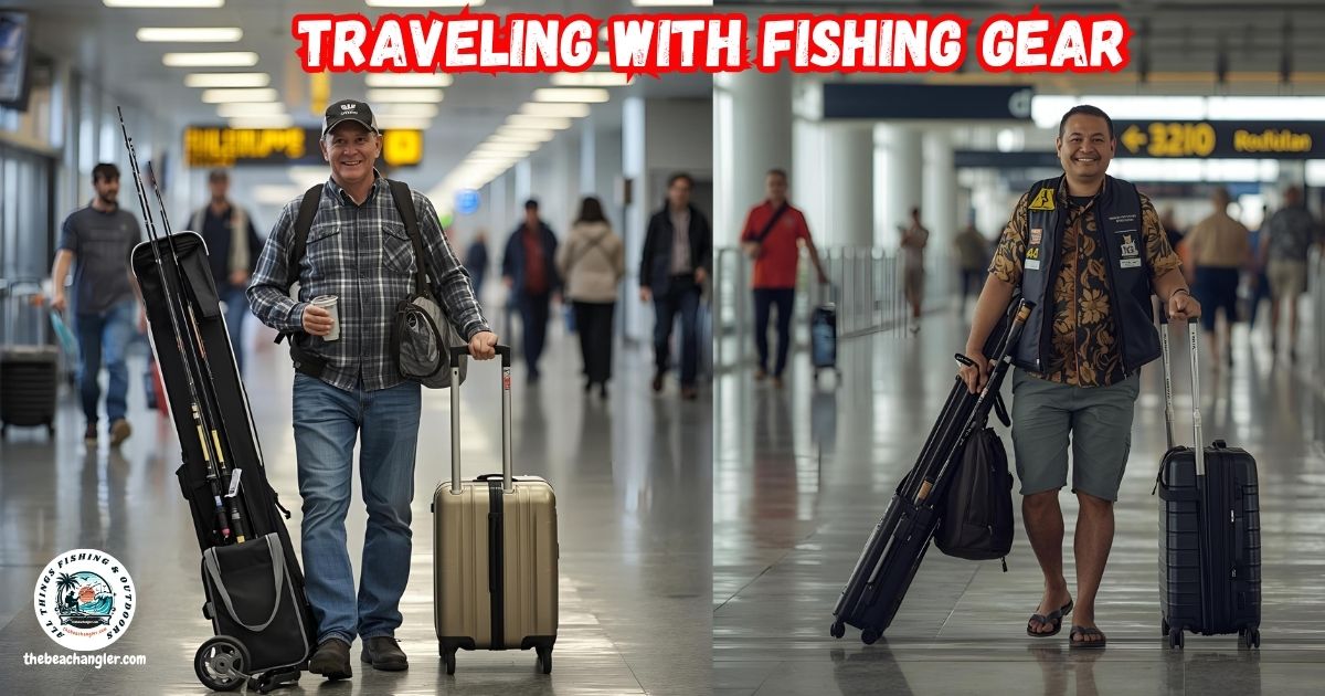 Traveling with fishing gear featured image showing two gentlemen walking through the airport with their fishing gear.