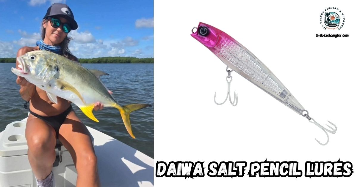 Daiwa Salt Pencil Lures featured image showing a lady angler sitting in a boat holding up a large jack crevalle.