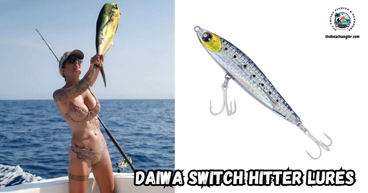 Daiwa Switch Hitter Lures Review featured image showing a lady angler standing in a boat and holding a mahi mahi in the air.