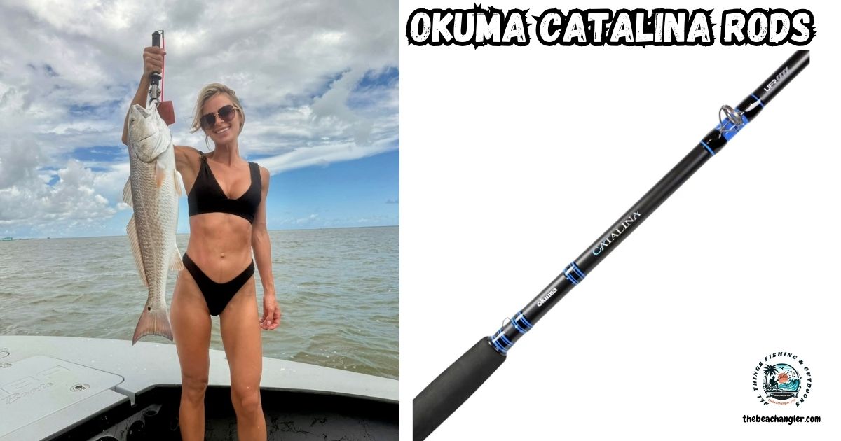 Okuma Catalina Rods featured image showing a lady angler holding up a large red drum next to an enlarged image of the Okuma Catalina Rod.