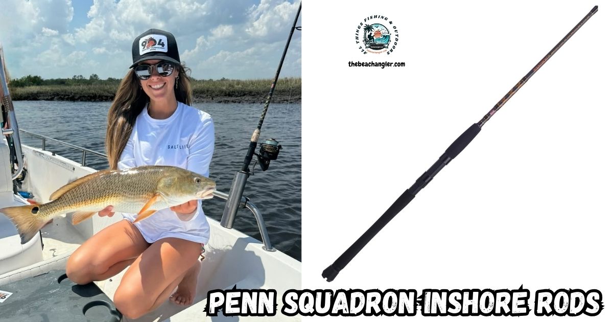 Penn Squadron Inshore Rods featured image of a lady angler in a boat holding a large redfish next to her Penn Squadron Inshore Rod and Reel Combo.