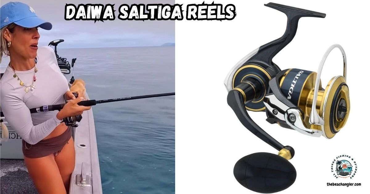 Daiwa Saltiga Spinning Reels Review featured image showing a lady angler in a boat fighting a fish with her Daiwa Saltiga Spinning Reel.