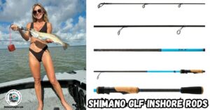 Shimano GLF Inshore rods review featured image showing a lady angler standing in a boat holding a nice keeper speckled trout.
