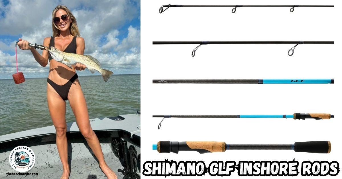 Shimano GLF Inshore rods review featured image showing a lady angler standing in a boat holding a nice keeper speckled trout.