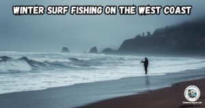 Winter Surf Fishing on the US West Coast featured image showing a lone angler fishing the winter surf somewhere on the US pacific coast.