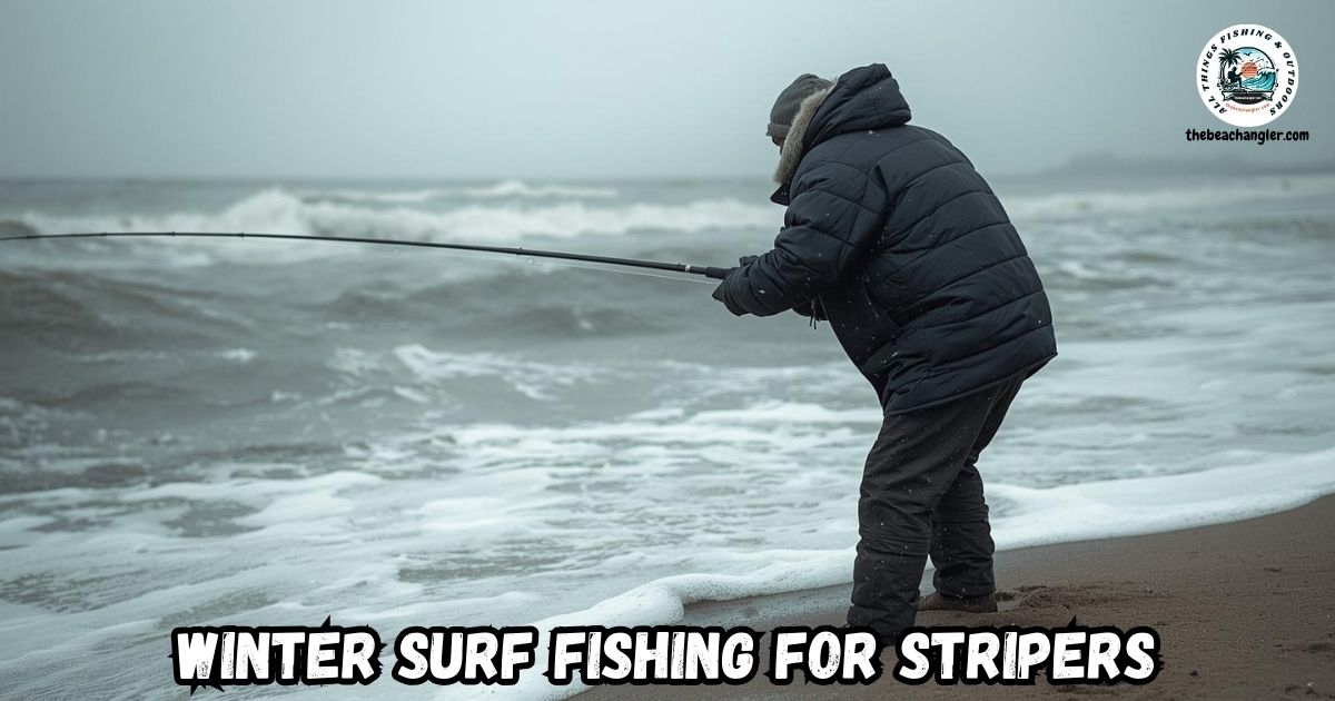 Winter Surf Fishing for Stripers featured image showing a surf angler in waders and heavy coat fishing from the beach in winter.