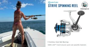 Quantum Strive Spinning Reel Featured image showing a lady angler standing in the bow of a boat making a cast with her spinning rod and reel.