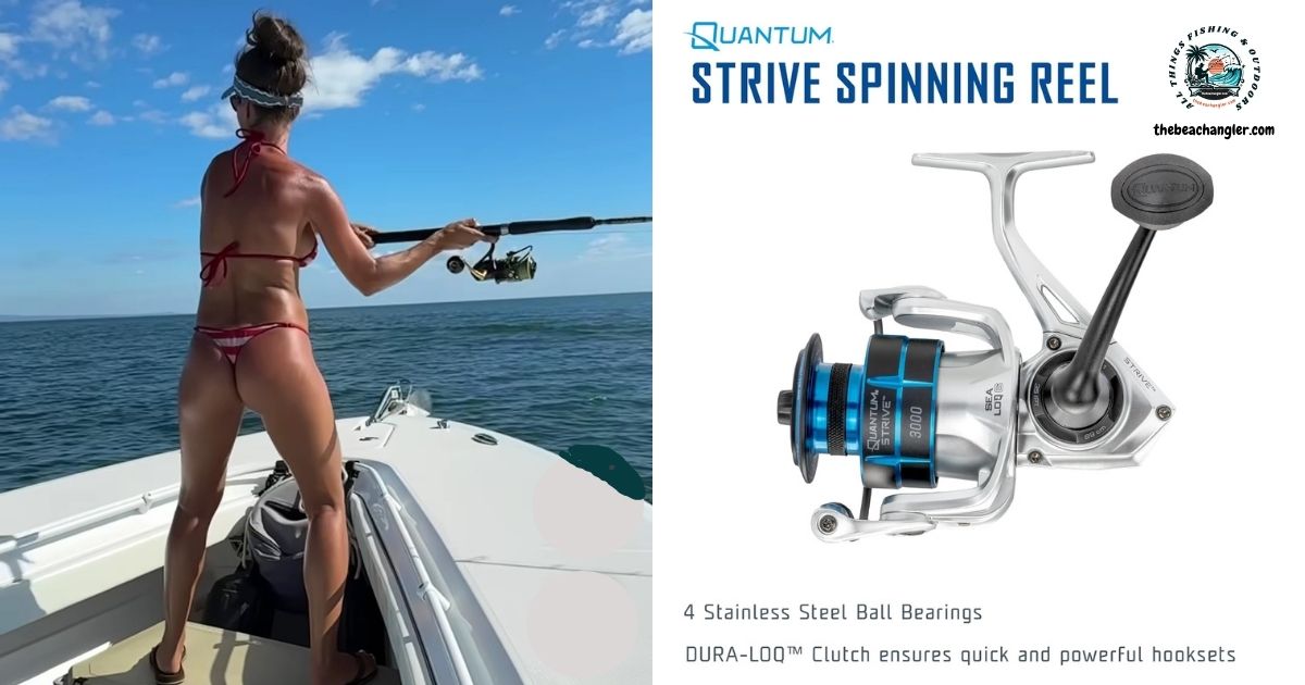 Quantum Strive Spinning Reel Featured image showing a lady angler standing in the bow of a boat making a cast with her spinning rod and reel.