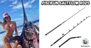Piscifun Saltflow Rods featured image showing a lady angler sitting in a boat next to a large swordfish.