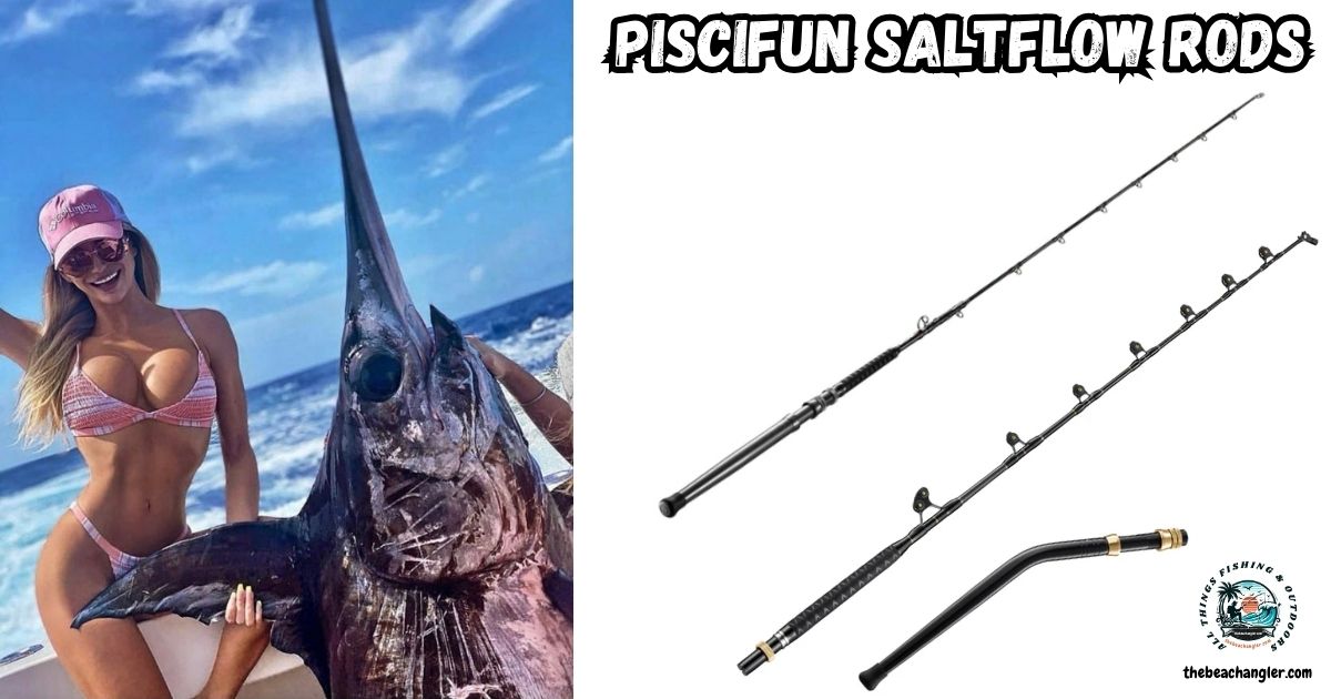 Piscifun Saltflow Rods featured image showing a lady angler sitting in a boat next to a large swordfish.