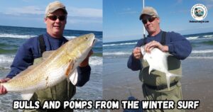 Bull Reds and Pompano from the Winter Surf, featuring the author with a large bull red drum and a nice Florida pompano.