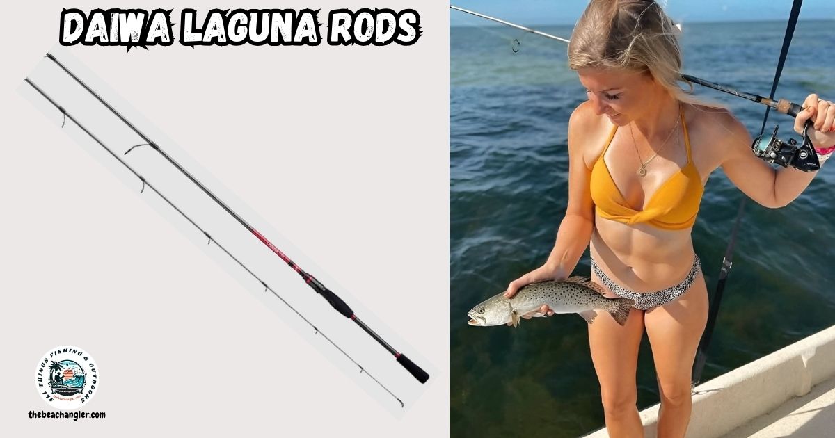 Daiwa Laguna Rods featured image showing a lady angler holding a speckled trout and her Daiwa Laguna Rod.