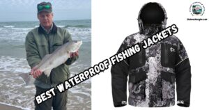 Best Cold-Weather Fishing Jackets featured image showing the author with a nice surf caught redfish next to an image of a waterproof fishing jacket.