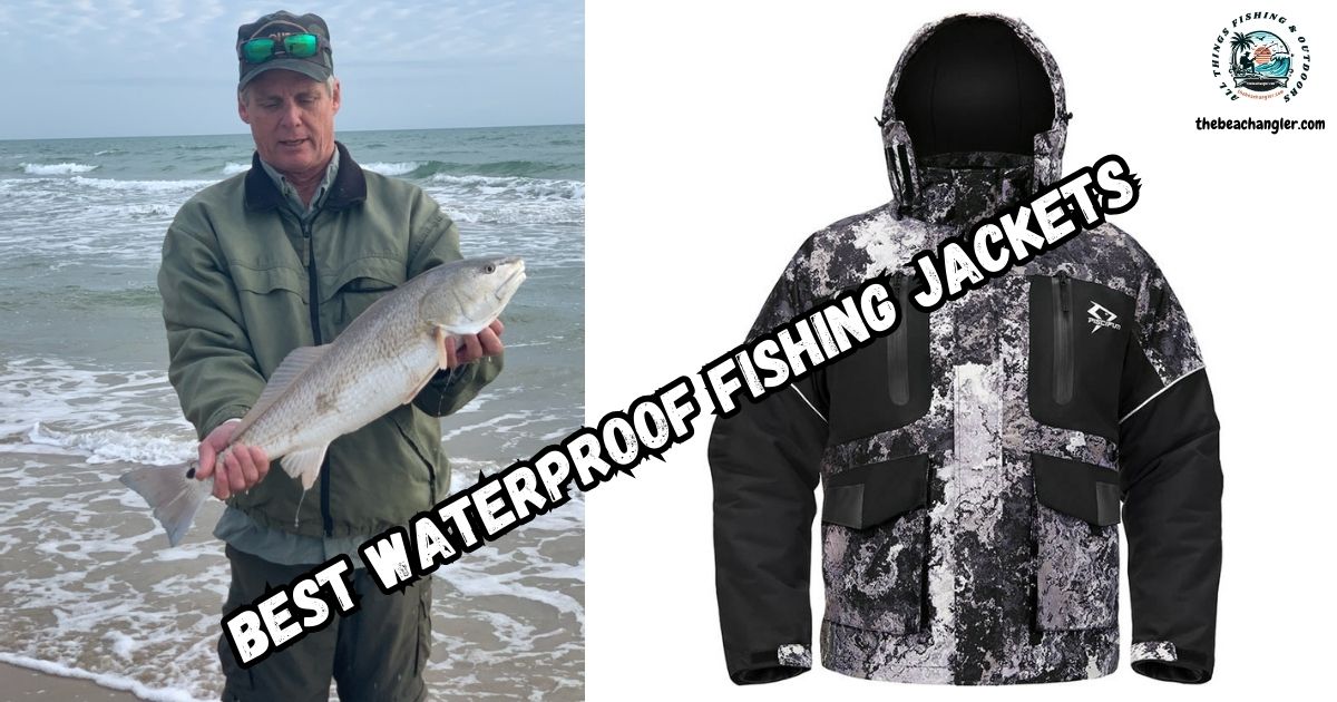 Best Cold-Weather Fishing Jackets featured image showing the author with a nice surf caught redfish next to an image of a waterproof fishing jacket.