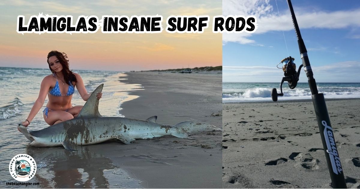 Lamiglas Insane Surf Rod featured image showing a lady angler kneeling behind a large Hammerhead Shark on the beach.