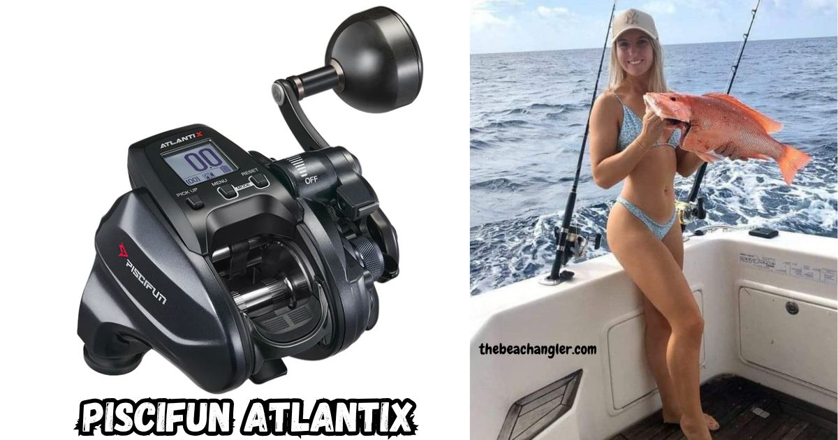 Piscifun Atlantix Electric Reel featured image showing a lady angler standing in the back of a boat holding a nice red snapper.