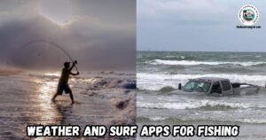 Weather and Surf Apps for Fishing Featured Image showing an angler casting from the beach and a pickup stuck in the surf.